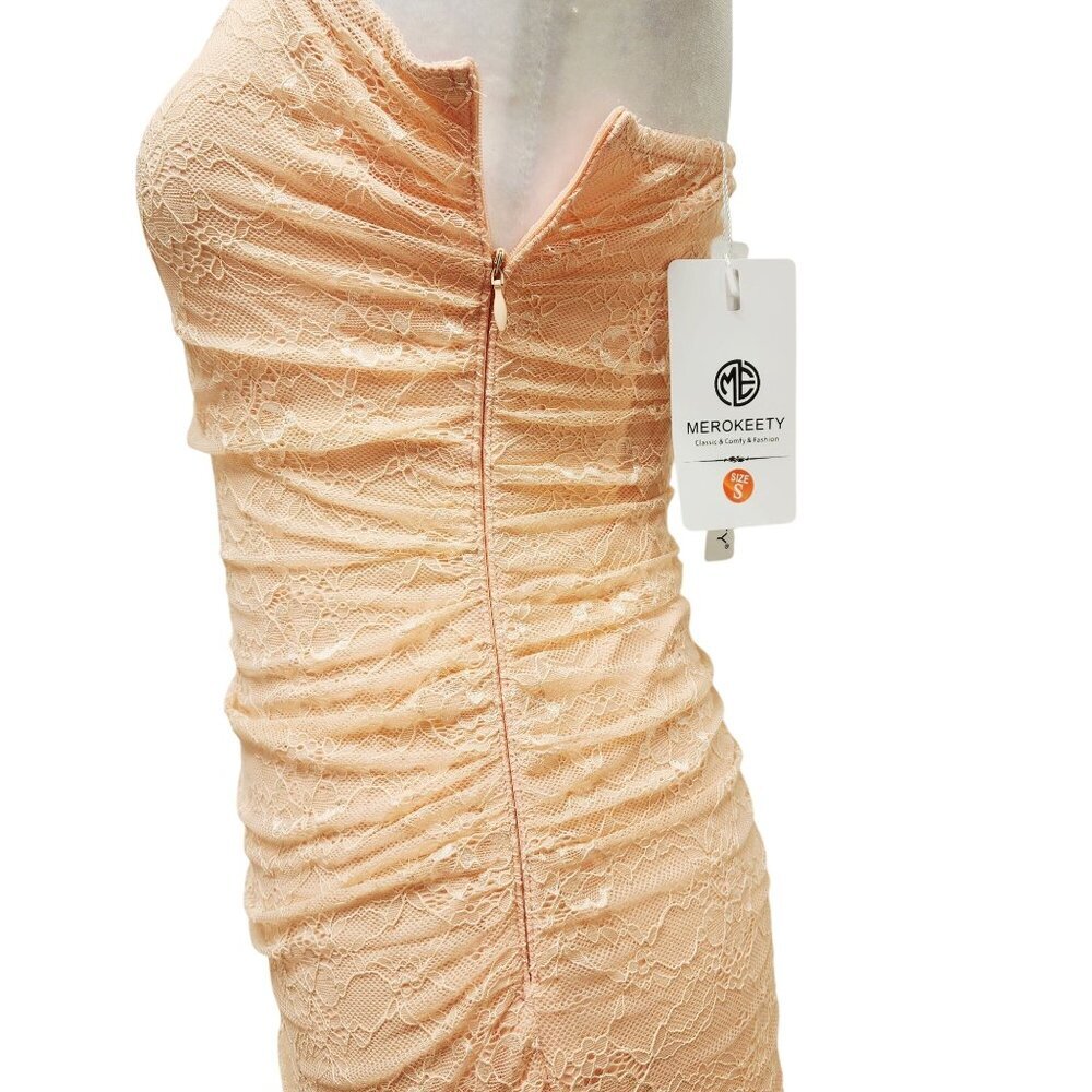 Strapless Peach Lace Midi Dress With Ruched Details & Ruffle Hem Size S - Picture 4 of 12